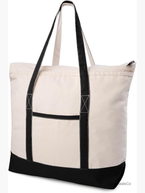 Handbags - Canvas Tote Bag with Zipper & External Pocket Large Reusable Shopping
